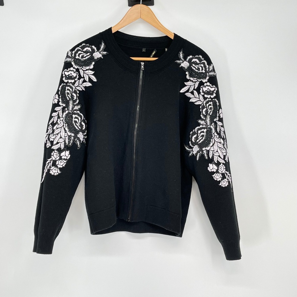 Kobi Halperin Black Floral Embroidered Wool Blend Zip Up Cardigan Sweater Size L